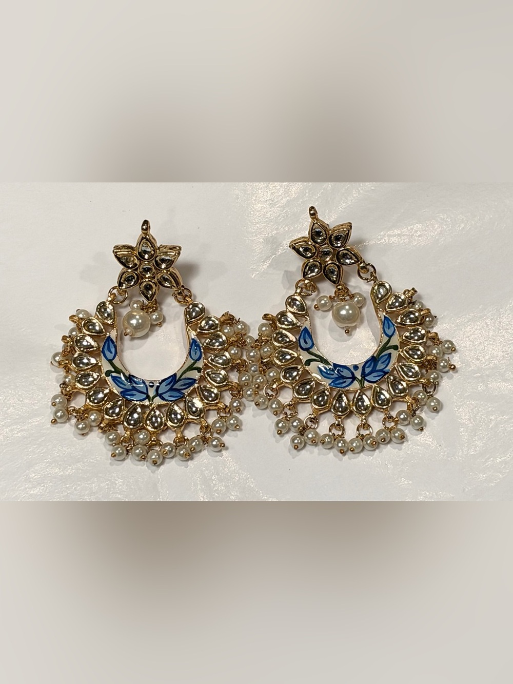 Indian Kundan Style Chandelier Earrings Pearl Enamel Mumbai